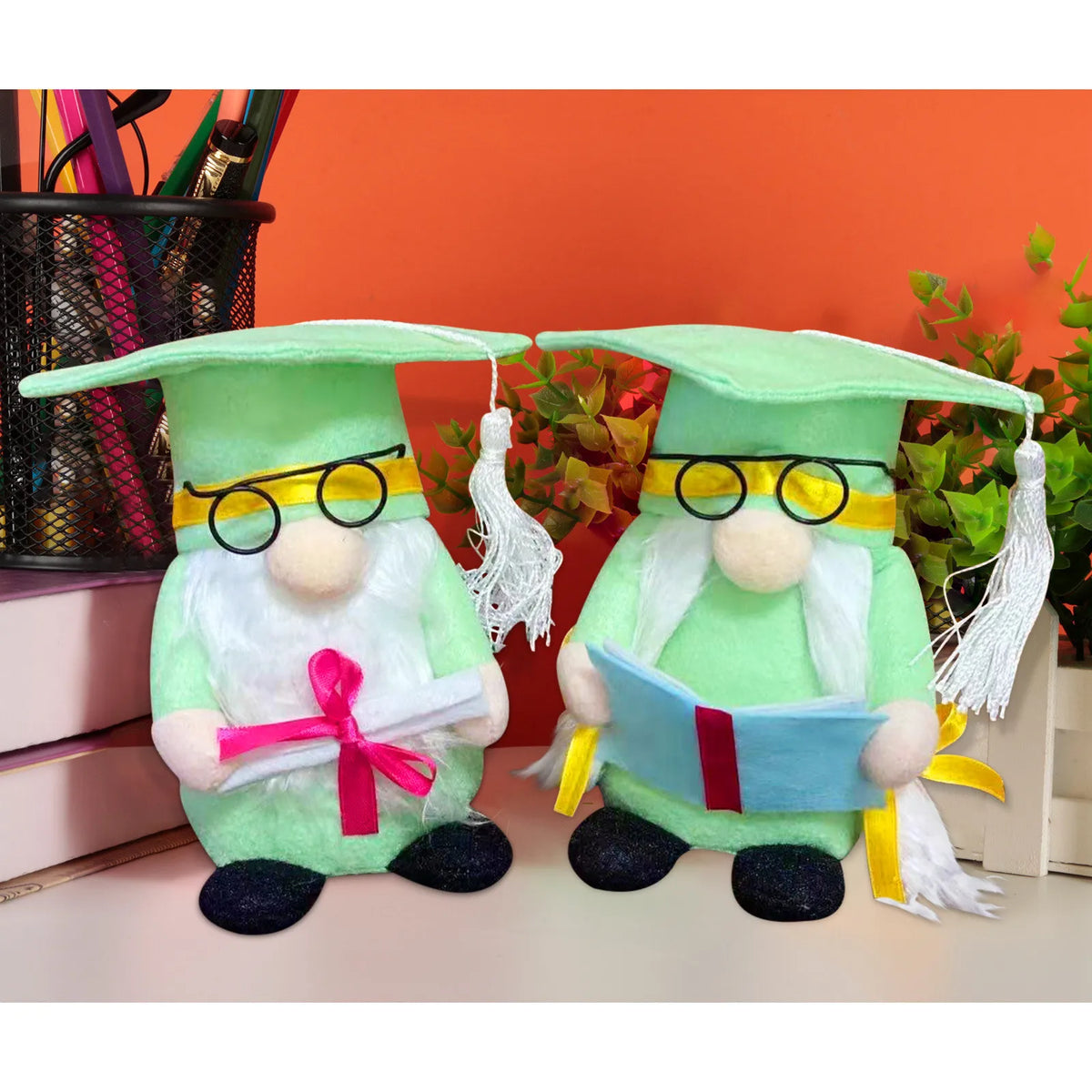 Graduation Gnome Plush Doll Set 2pc – Green Cap & Gown Decor