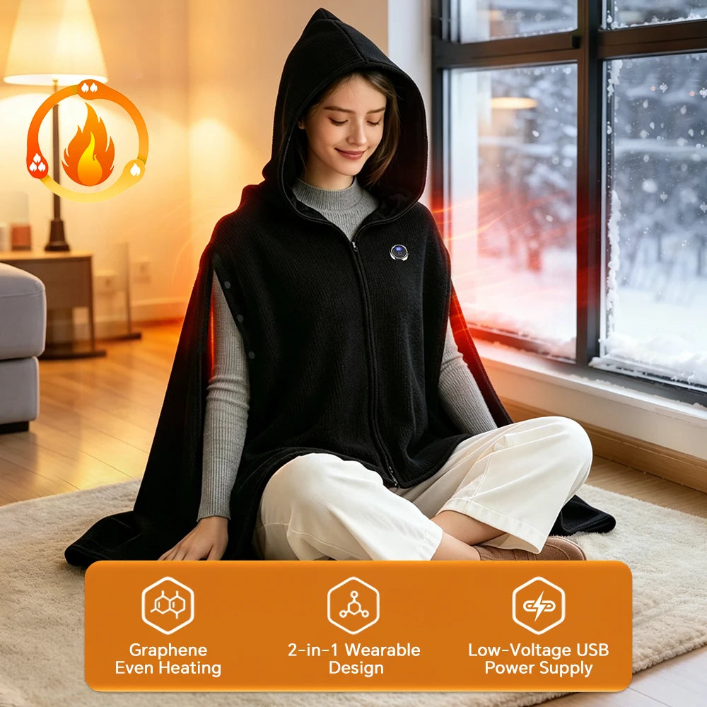 Wearable Heated Blanket Shawl – Graphene Hooded Poncho USB