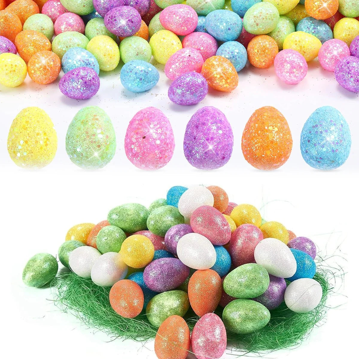 30/60 PCS Mini Glitter Foam Easter Eggs Bulk – Craft & Party Decor