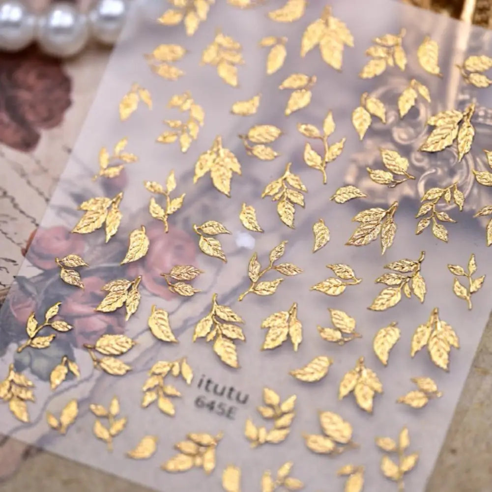 Gold Silver Leaf Nail Stickers – 3D Embossed Self-Adhesive Decals