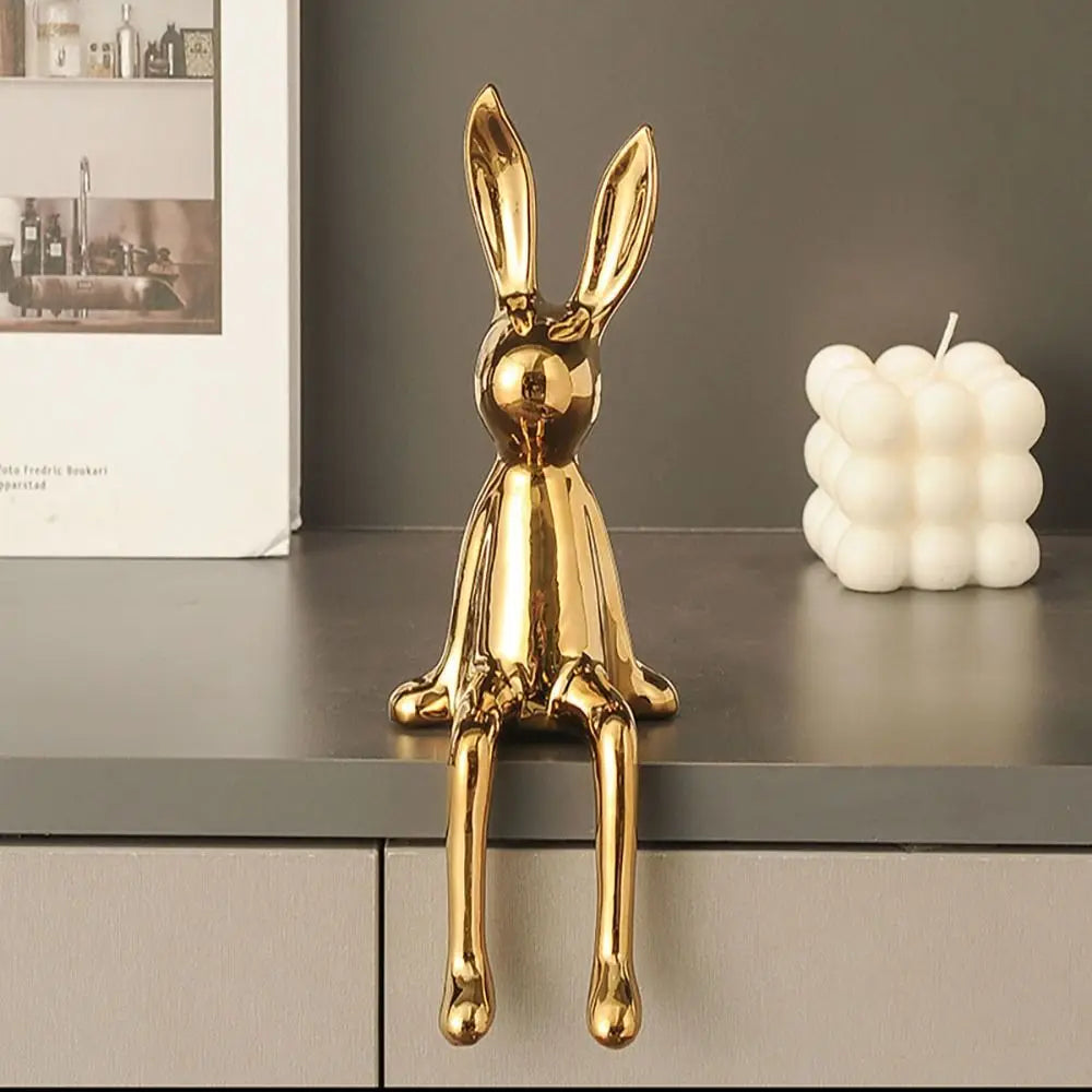 Ceramic Rabbit Ornament – Silver, White & Gold Home Décor