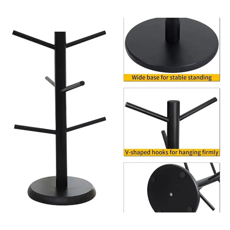 Bamboo Coffee Mug Tree 6 Hooks – Black Countertop Cup Holder