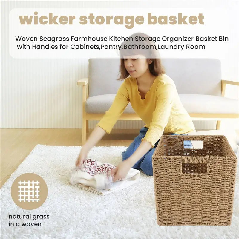 Woven Seagrass Farmhouse Storage Basket Bin with Handles