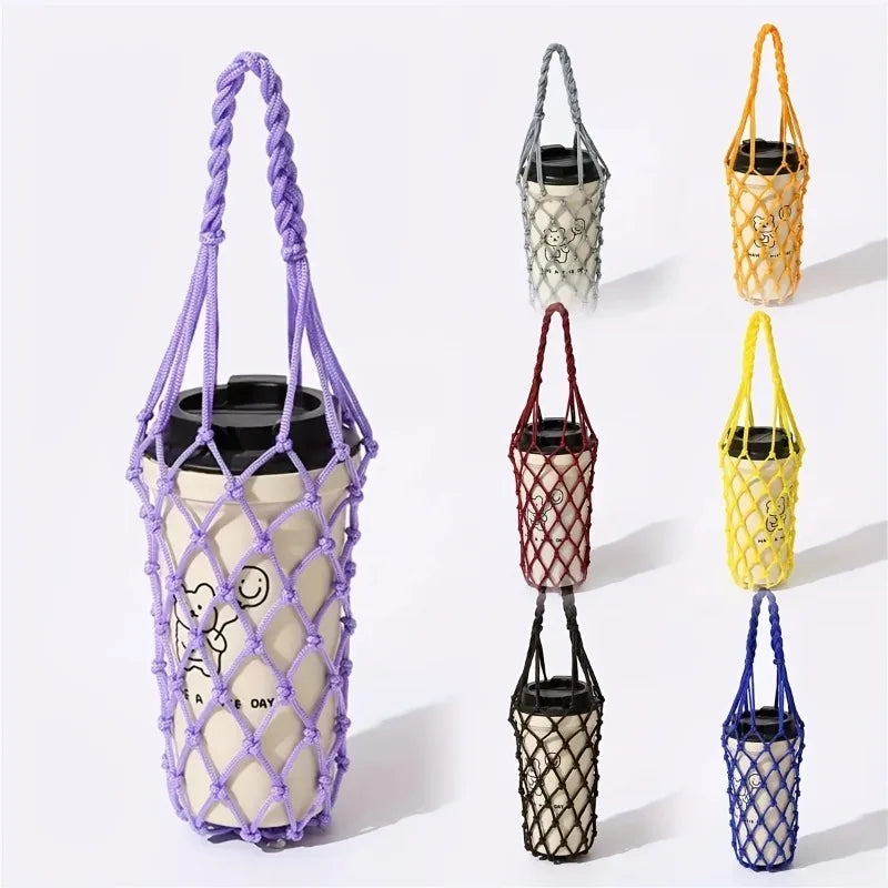 Handwoven Reusable Cylindrical Mesh Bottle Carrier Bag