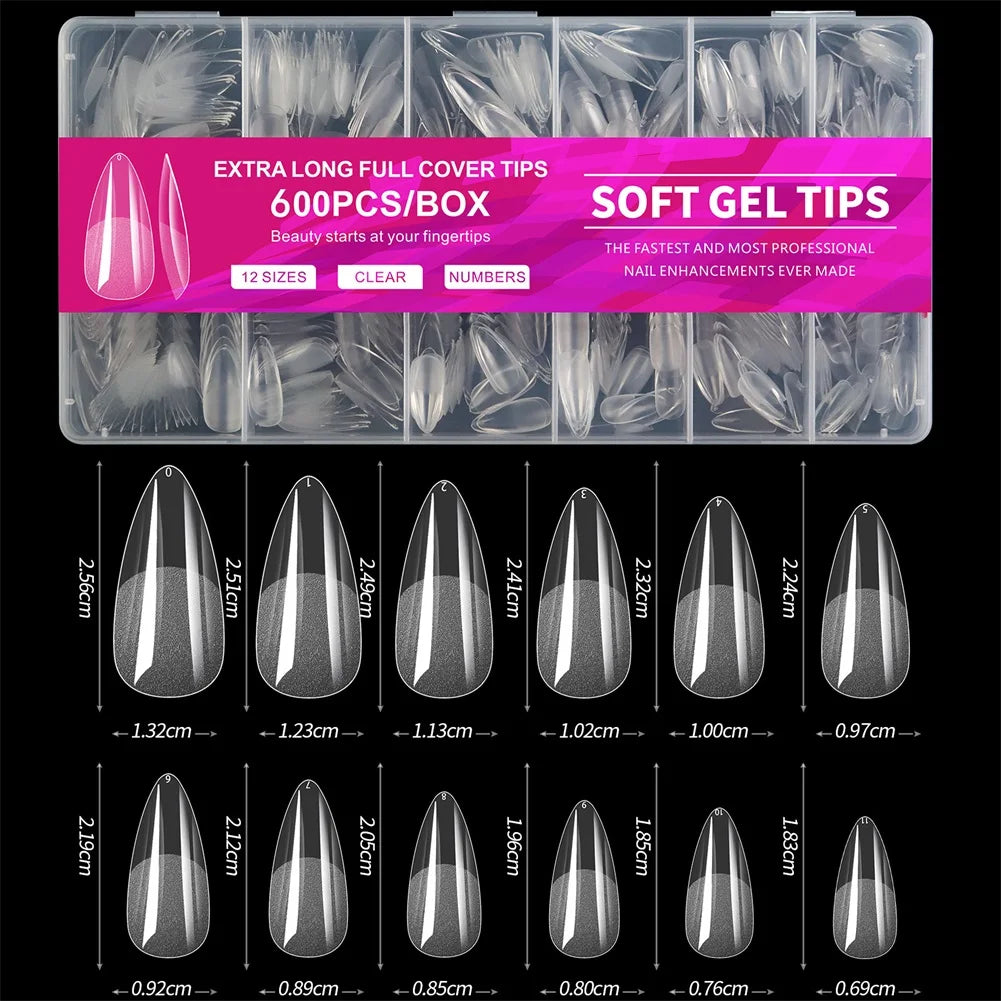 Aleekit 600pcs Soft Gel Coffin Nail Tips – 12 Sizes, Pre-Etched