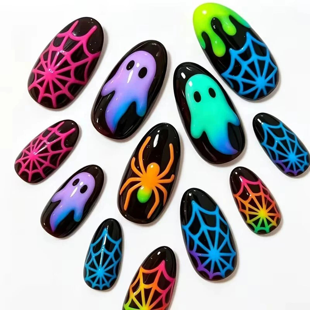Halloween Black Ghost Press-On Nails – Oval Manicure Kit