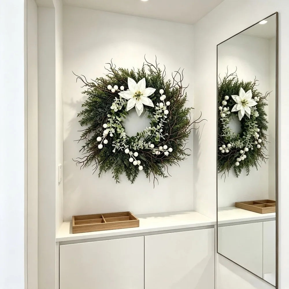 Green Artificial Christmas Wreath – Eucalyptus & Poinsettia 40cm