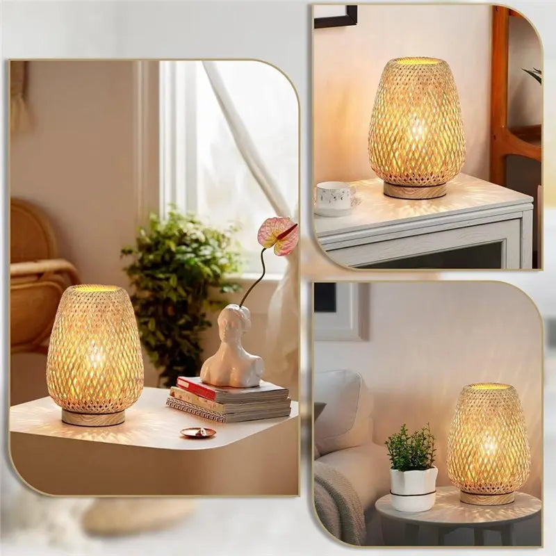 Boho Rattan Table Lamp | 3-Color Temp Dimmable Nightstand Light