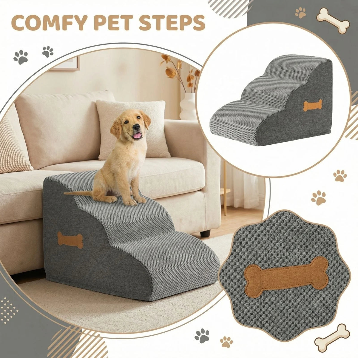 Grey Non-Slip Pet Stair Tread Pads 40x40x30cm Dogs & Cats