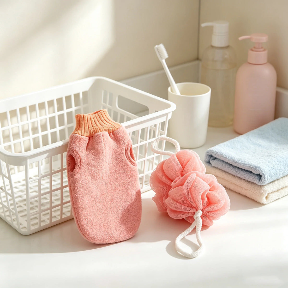 Bath Exfoliating Glove & Mesh Loofah Body Scrubber Set
