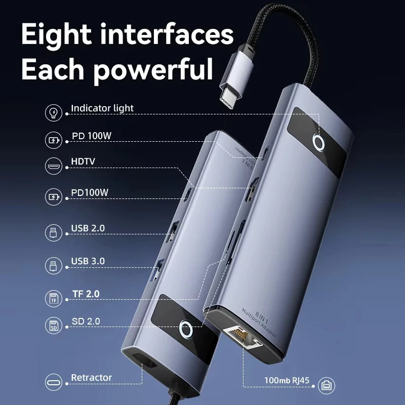8-in-1 USB-C Hub – 4K HDMI, PD 100W, USB 3.0 & Ethernet