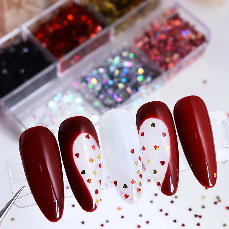 1mm Laser Heart Nail Glitter 6-Grid Set – DIY Nail Art
