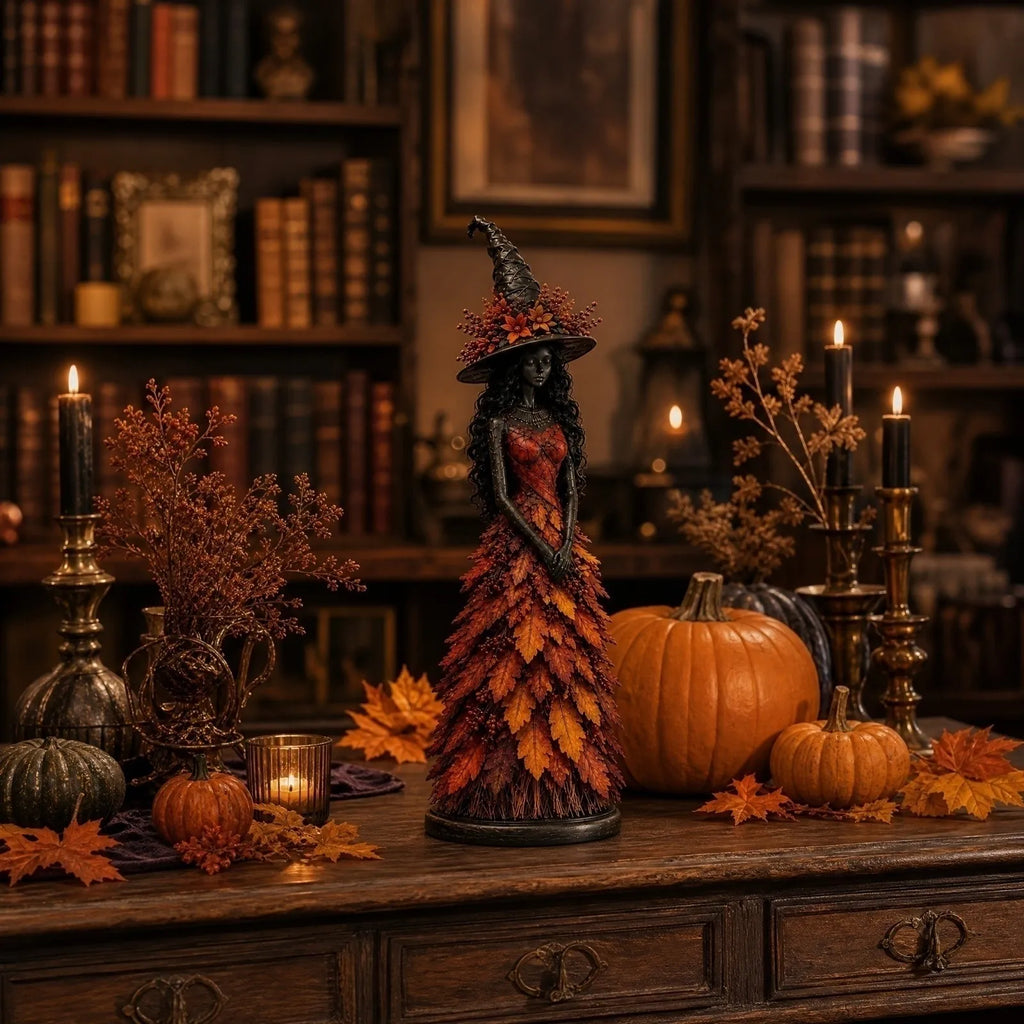 Autumn Witch Figurine Set – Fall Harvest Resin Statue Decor