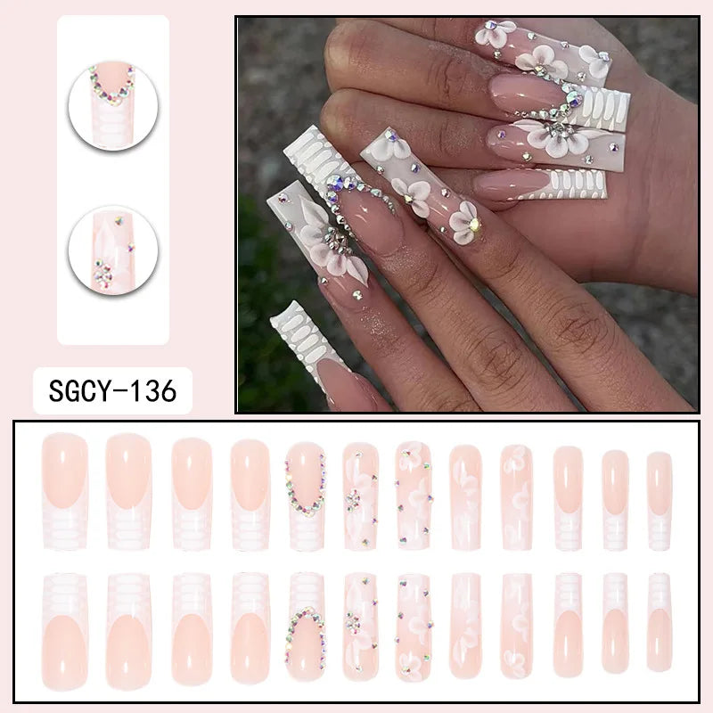 24Pcs Press On Nails with Glue – Long Acrylic False Nail Tips