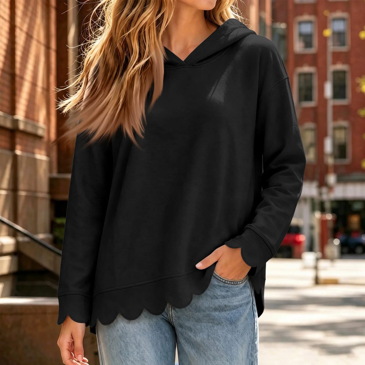 Women's Scallop Hem Hoodie Loose Long Sleeve Pullover Sweatshirt