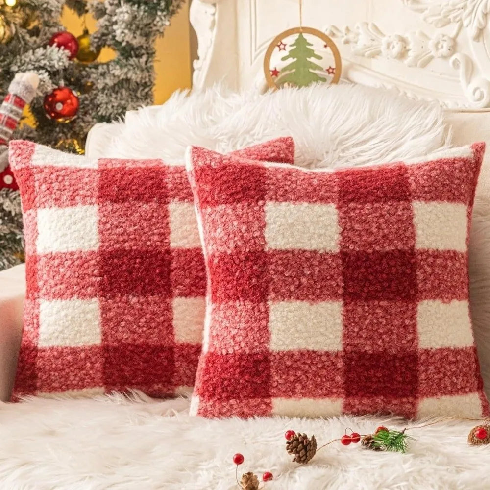 Plaid Plush Throw Pillow Cover 18x18 – Orange Red Boucle