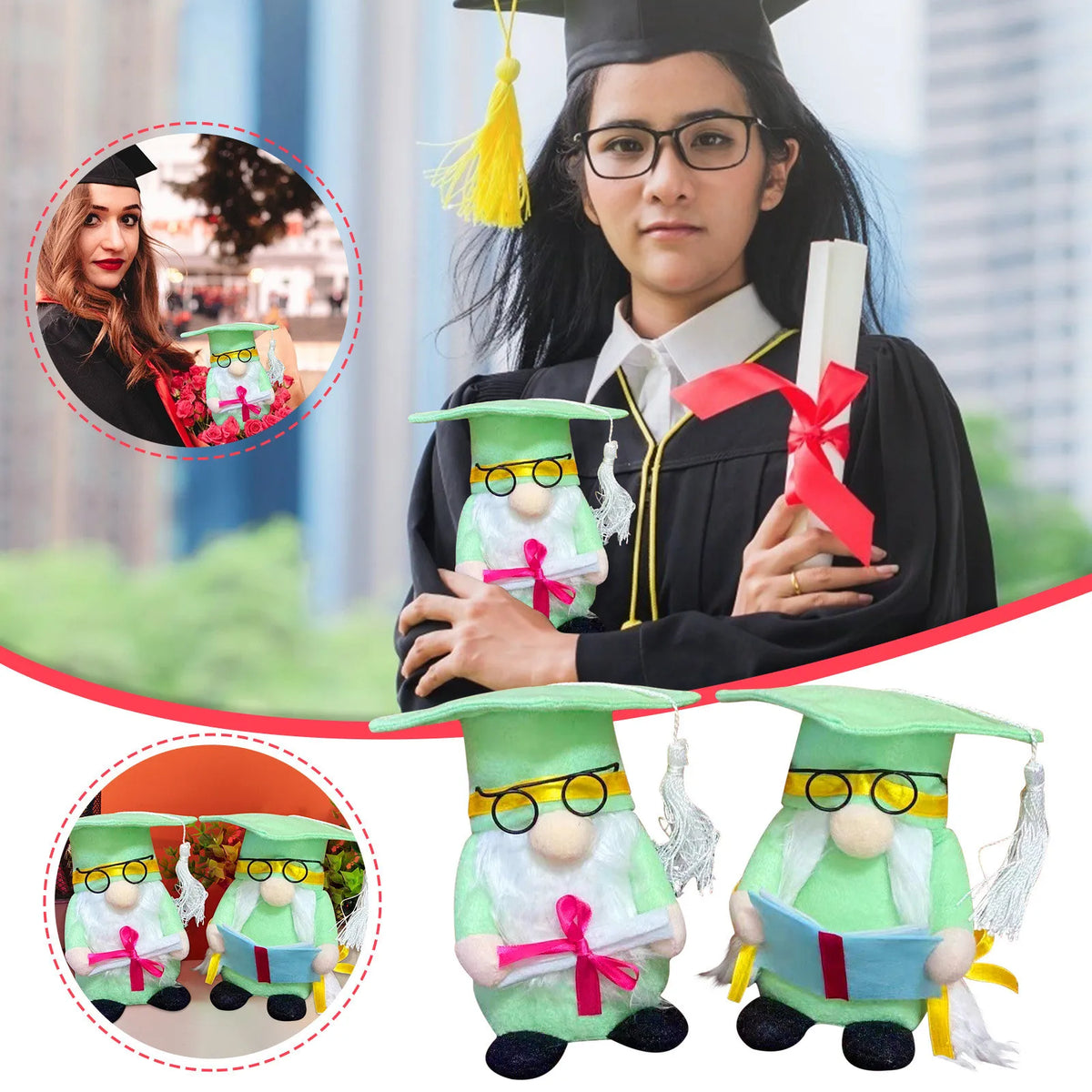 Graduation Gnome Plush Doll Set 2pc – Green Cap & Gown Decor