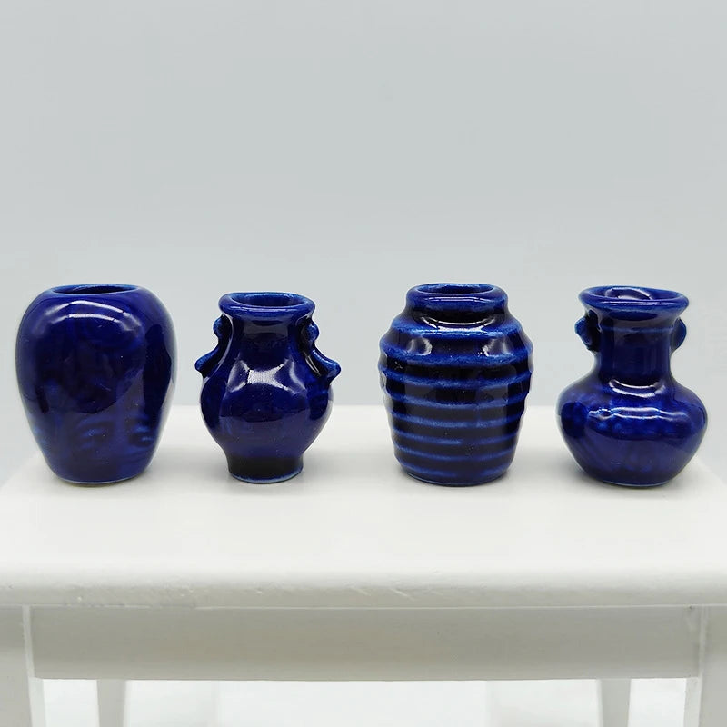 4Pcs 1:12 Dollhouse Mini Ceramic Blue Vase Jars Miniature Décor
