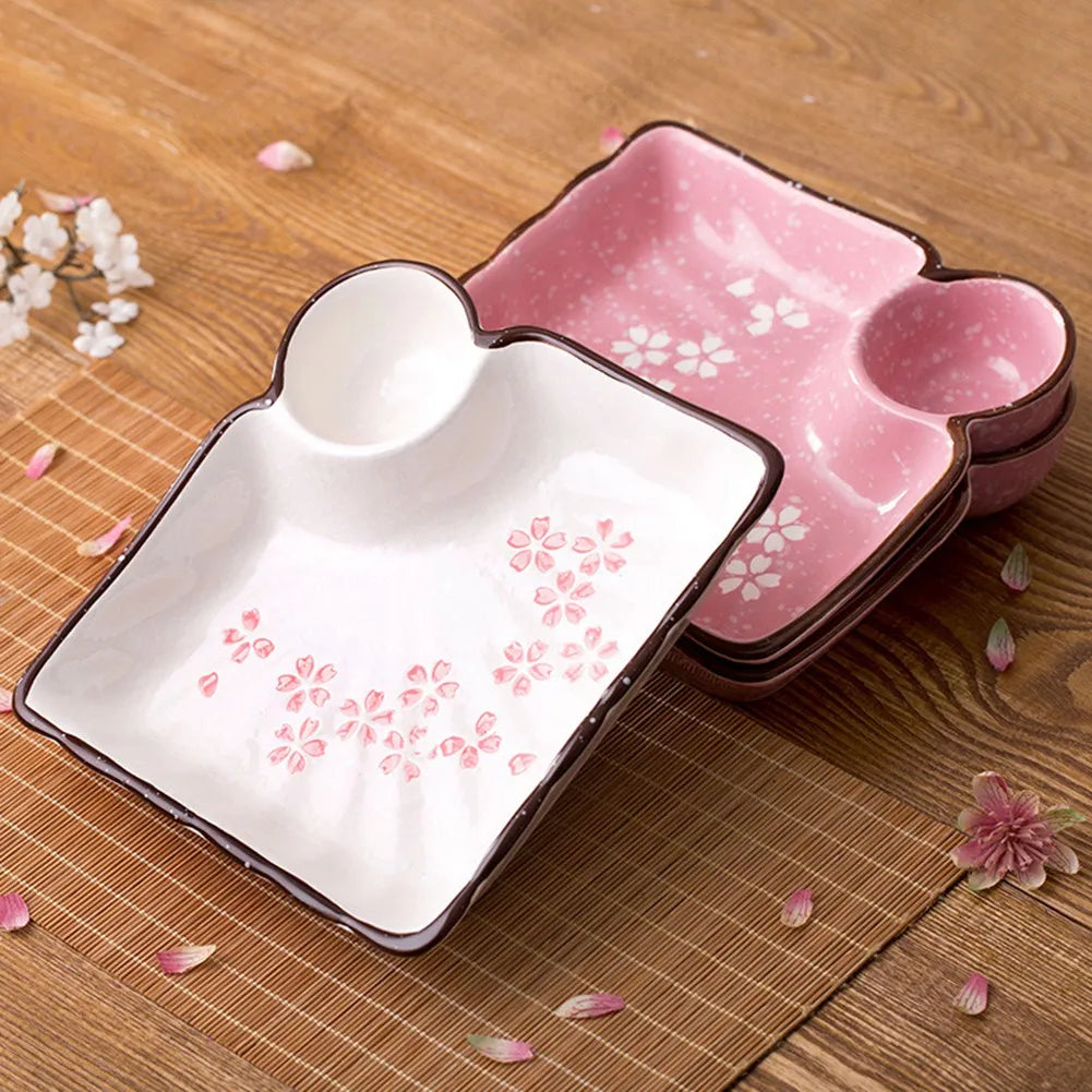 Ceramic Partitioned Dumpling Dish with Sauce Section – Beige