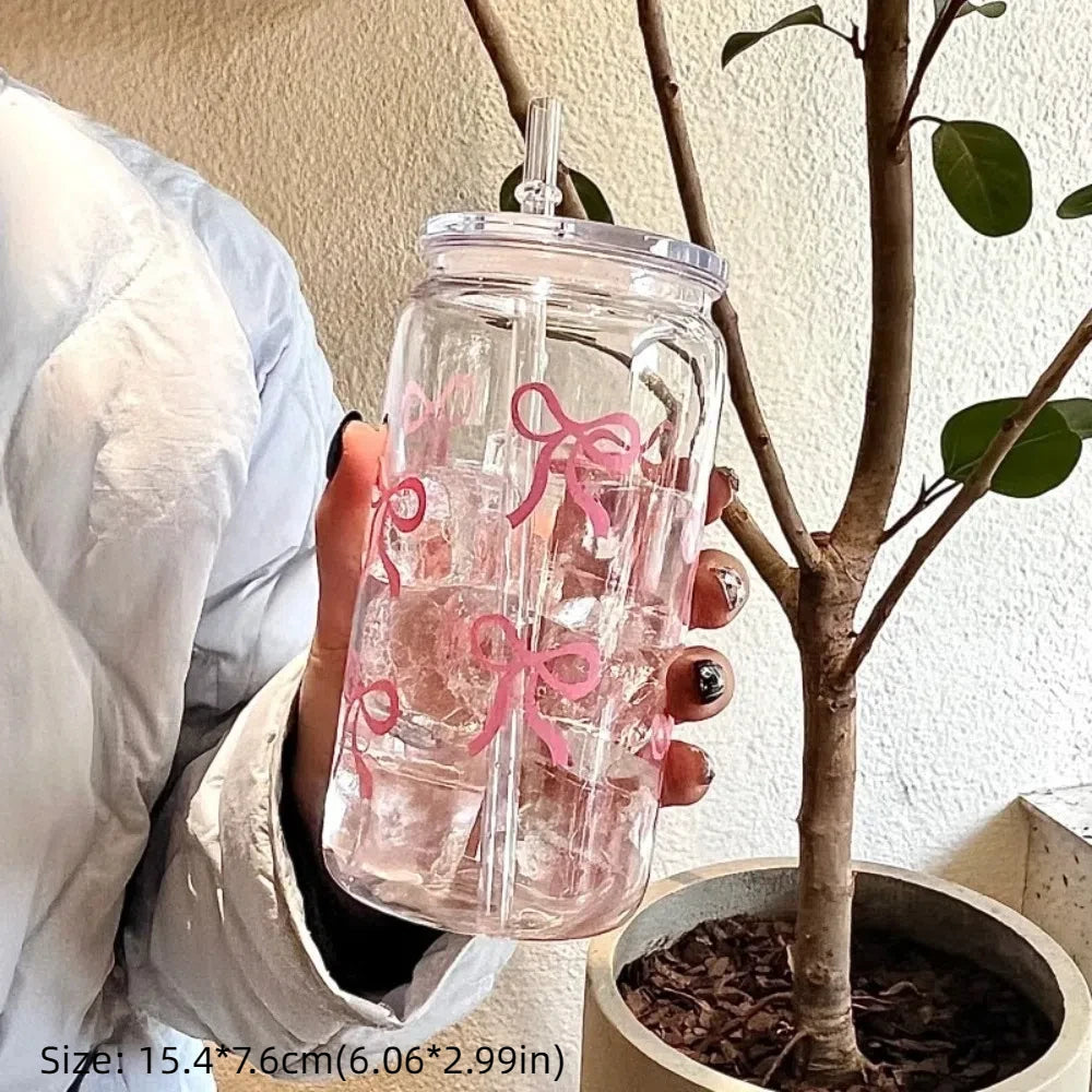 500ml Plastic Cup with Lid & Straw – Bowknot Pattern | VIBE