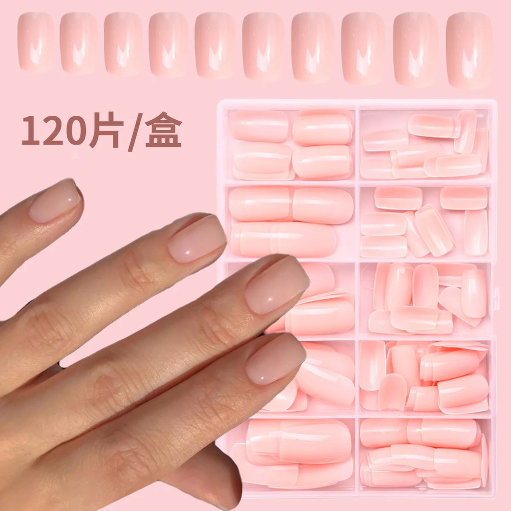 120Pcs Press-On False Nails – Bare Pink Short French Acrylic Set