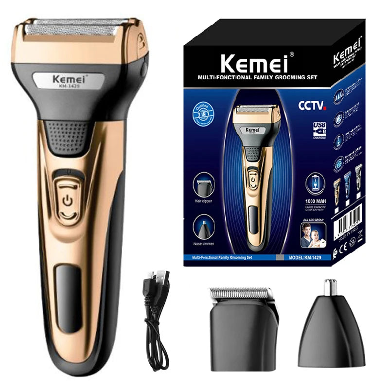 Kemei 3-in-1 Electric Shaver, Beard & Nose Trimmer Kit