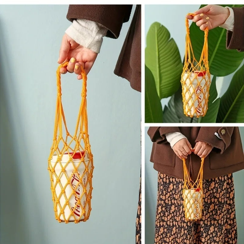 Handwoven Reusable Cylindrical Mesh Bottle Carrier Bag
