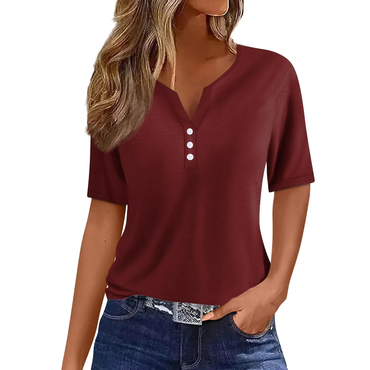 Women's V-Neck Button T-Shirt Loose Casual Top Plus Size S–XXXL