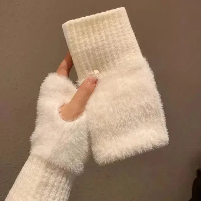 Women's Soft Plush Fingerless Gloves – Faux Mink Fur Warmth