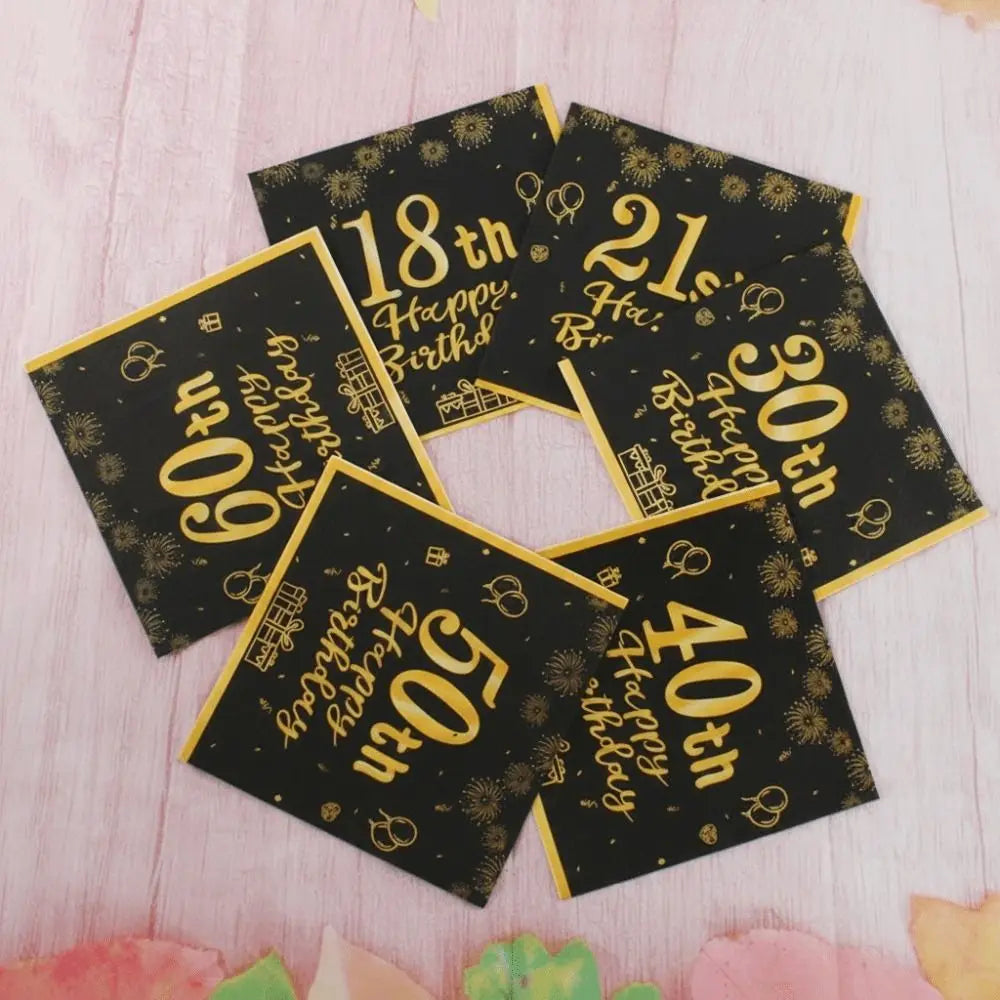 Happy Birthday Party Napkins White & Black Gold Design 20pk