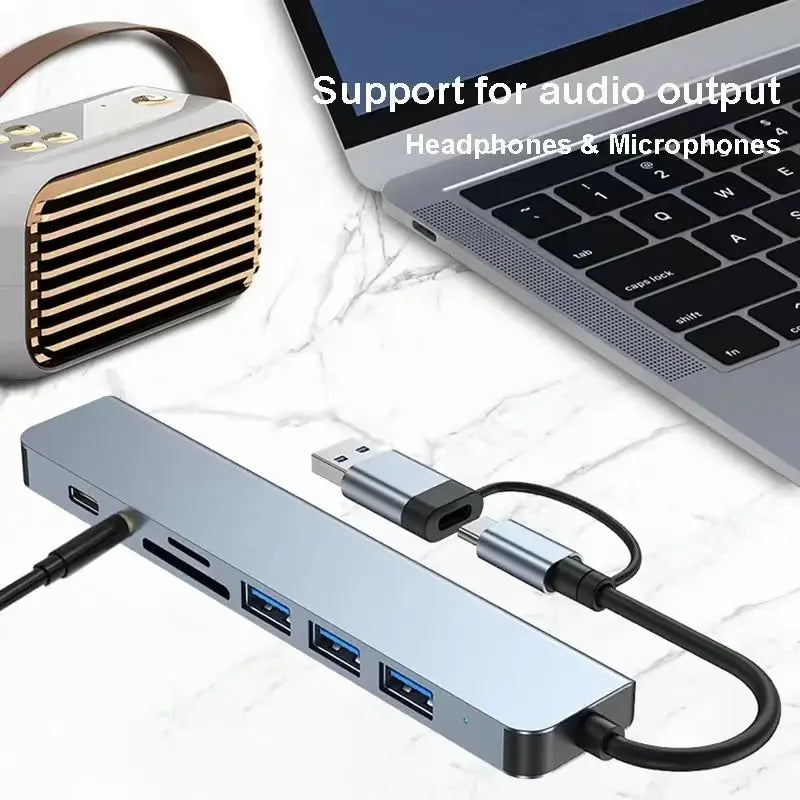 8-in-2 USB Hub Docking Station – USB C, 3.0, SD/TF Reader