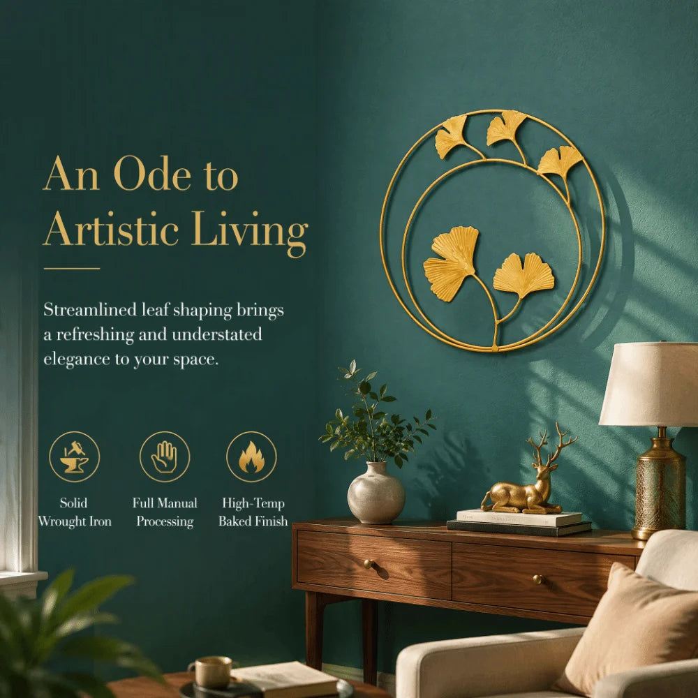 Gold Metal Leaf Wall Décor – 11in Wrought Iron Round Ornament