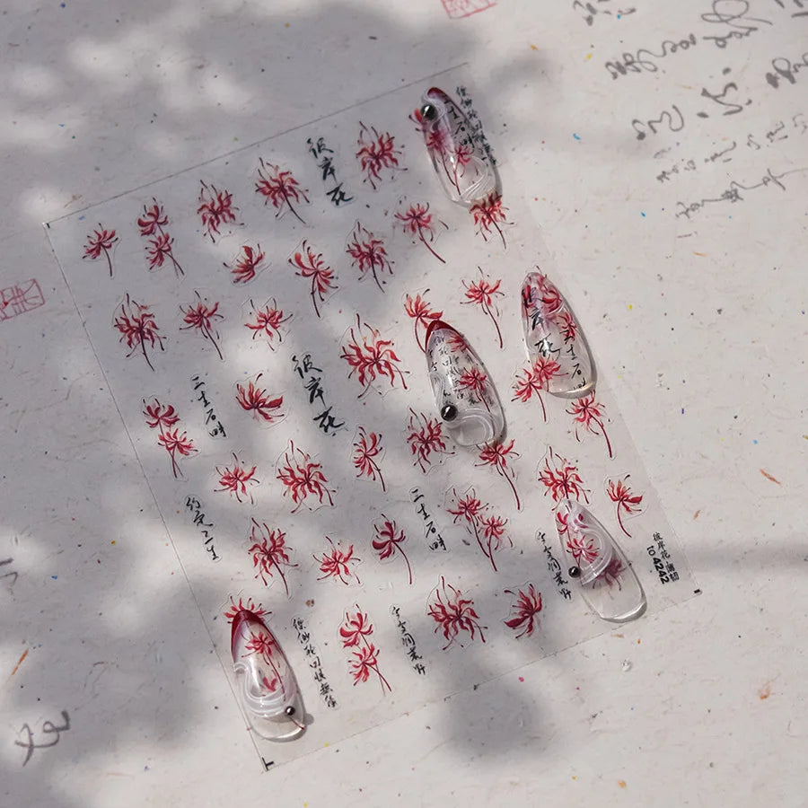 Red Spider Lily & Peony Nail Stickers – Floral Manicure Decals