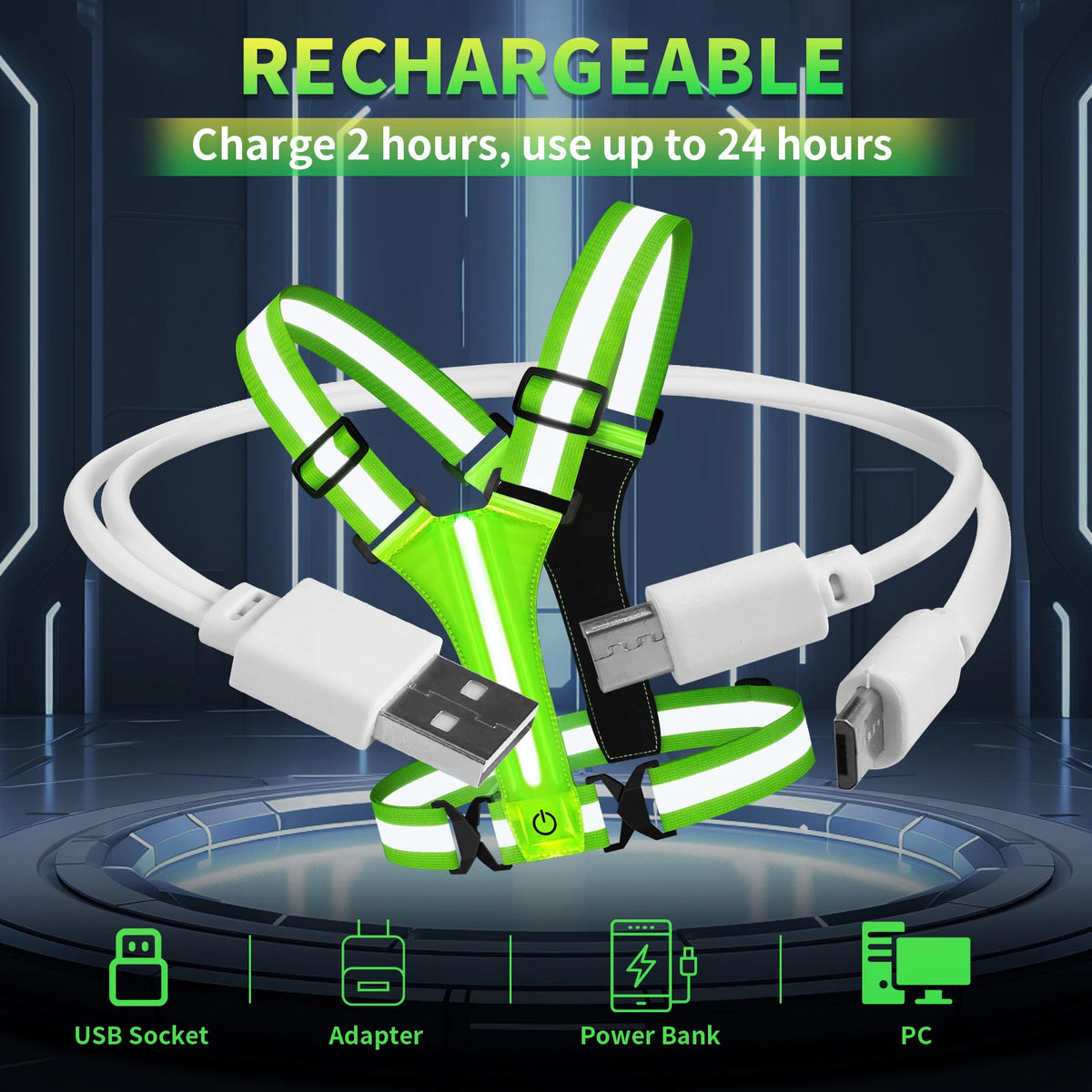 LED Reflective Running Vest USB Rechargeable High Visibility