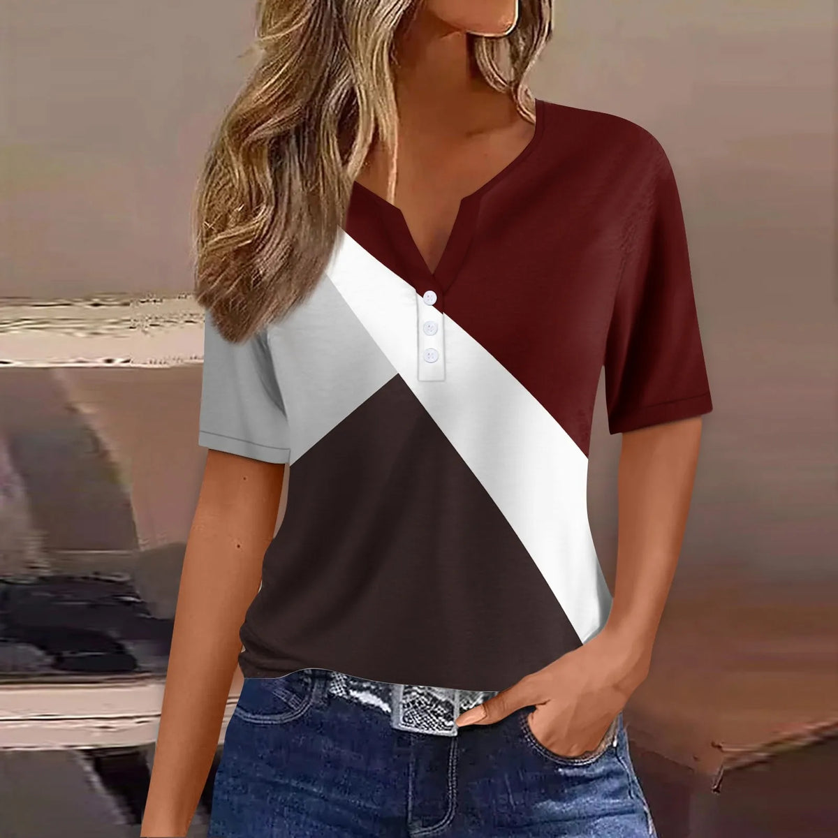 Women's Patchwork V-Neck T-Shirt Short Sleeve Casual Top S–XXXL