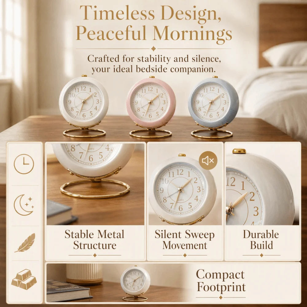 Classic Round Quartz Alarm Clock – Silent Bedside Clock