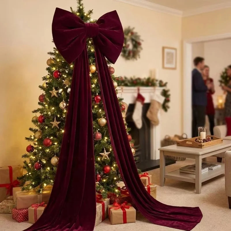 Large Velvet Christmas Tree Bow with Long Tails – 6 Pack
