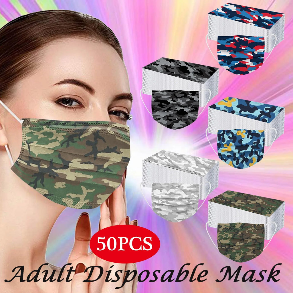 50-Pack 3-Ply Camouflage Disposable Face Masks – Adult