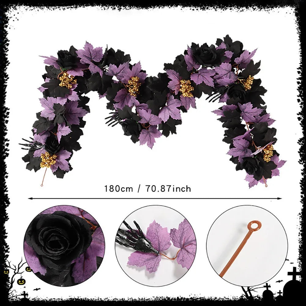 Halloween Maple Leaf Garland – Silk Faux Leaves & Gold Berries