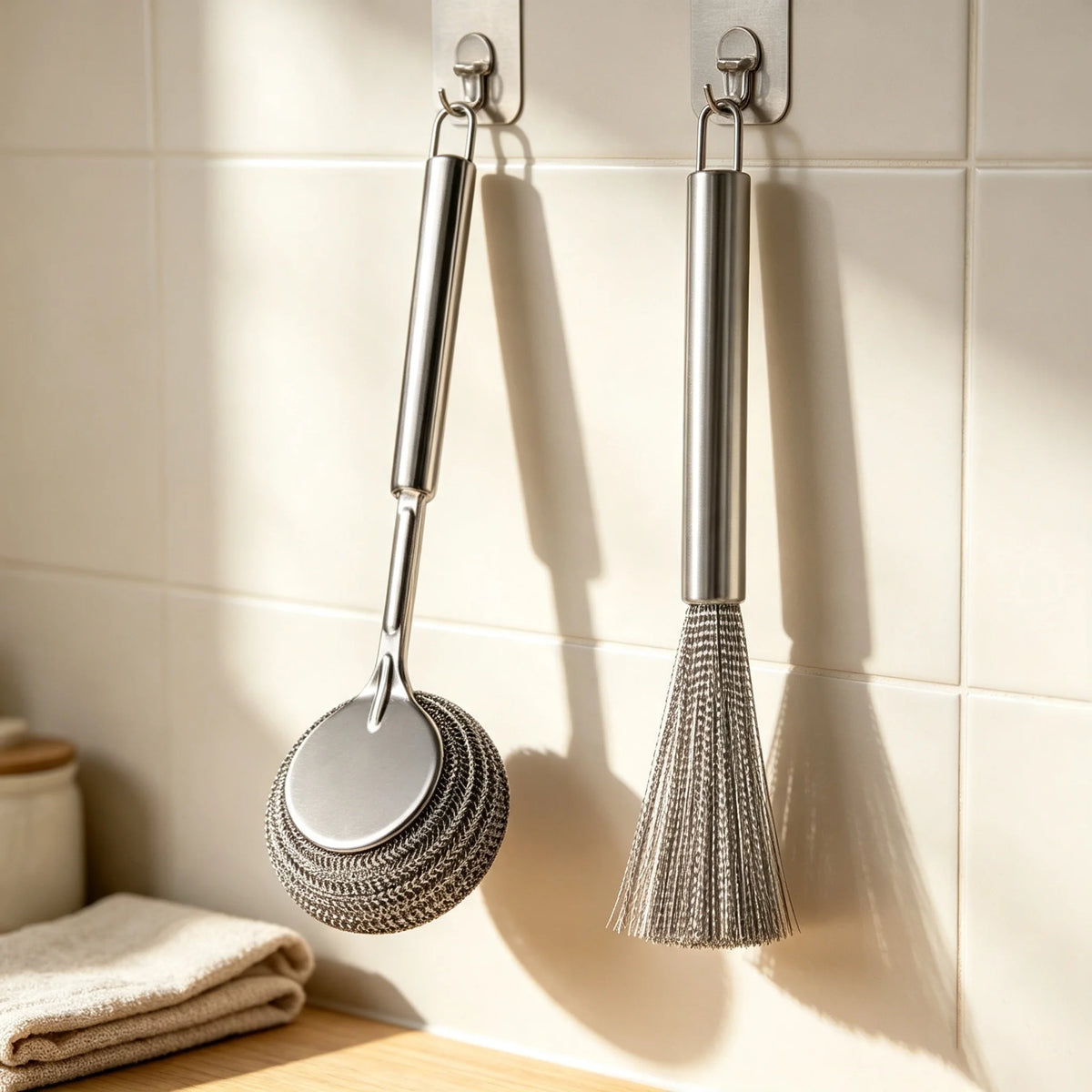 Stainless Steel Long Handle Pot Brush Set – 2-Piece Scrubber