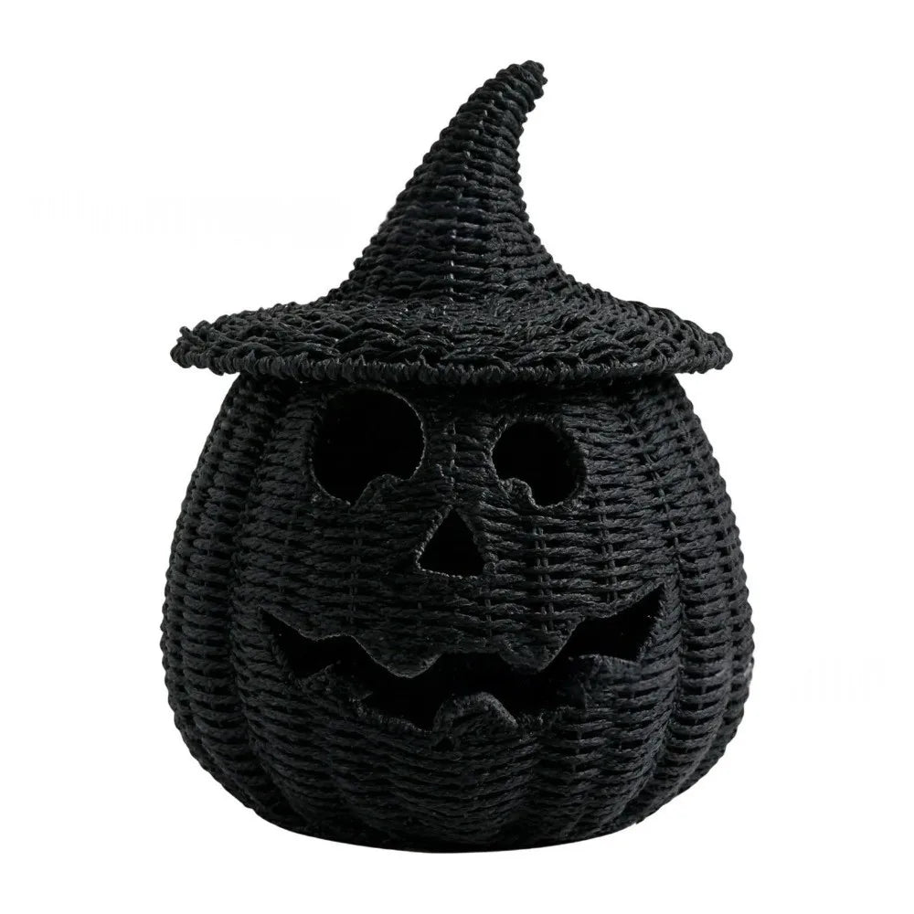 Halloween Woven Seagrass Pumpkin Basket | Witch Hat & LED