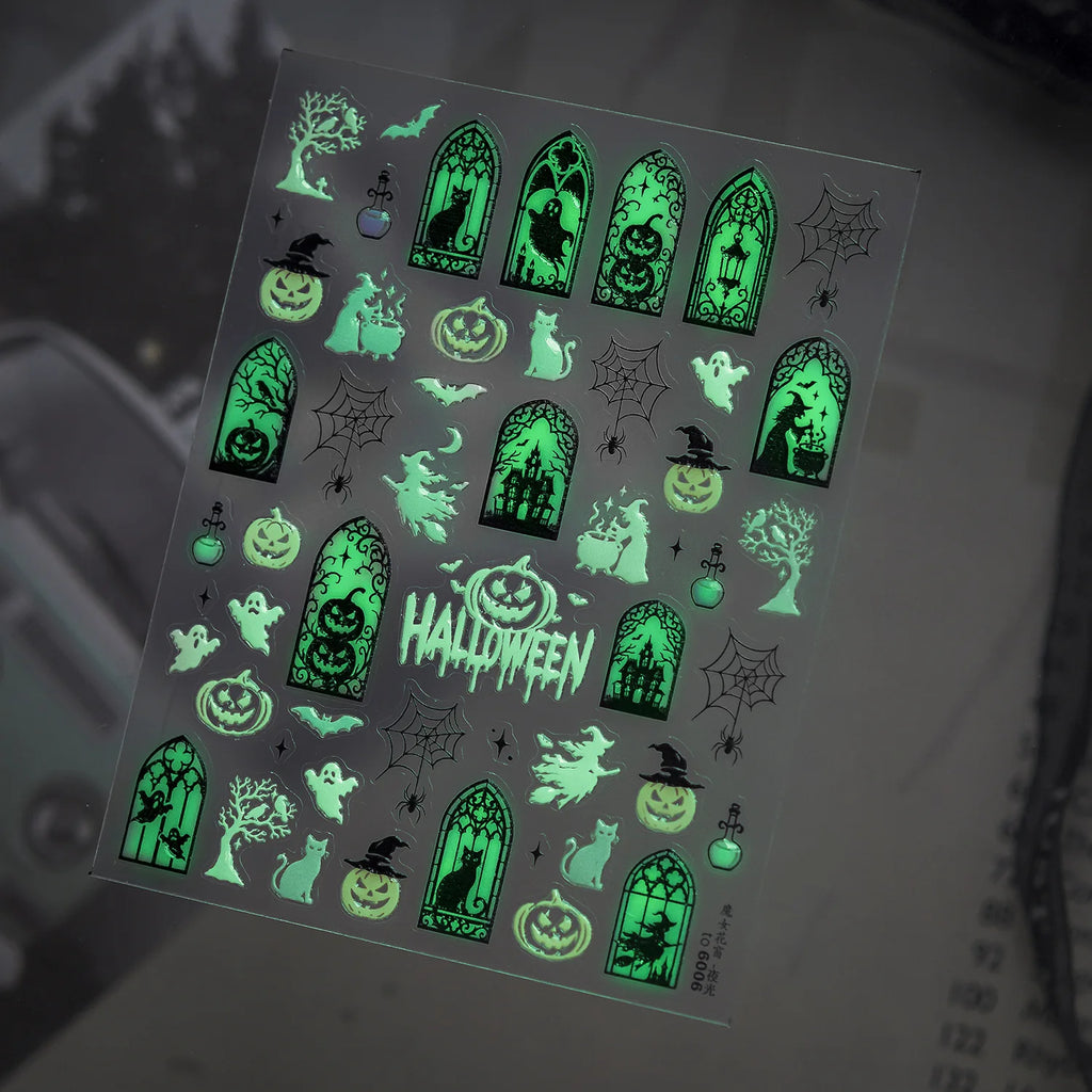 Halloween 3D Glow Nail Stickers – Pumpkin Ghost Spider Web Decals