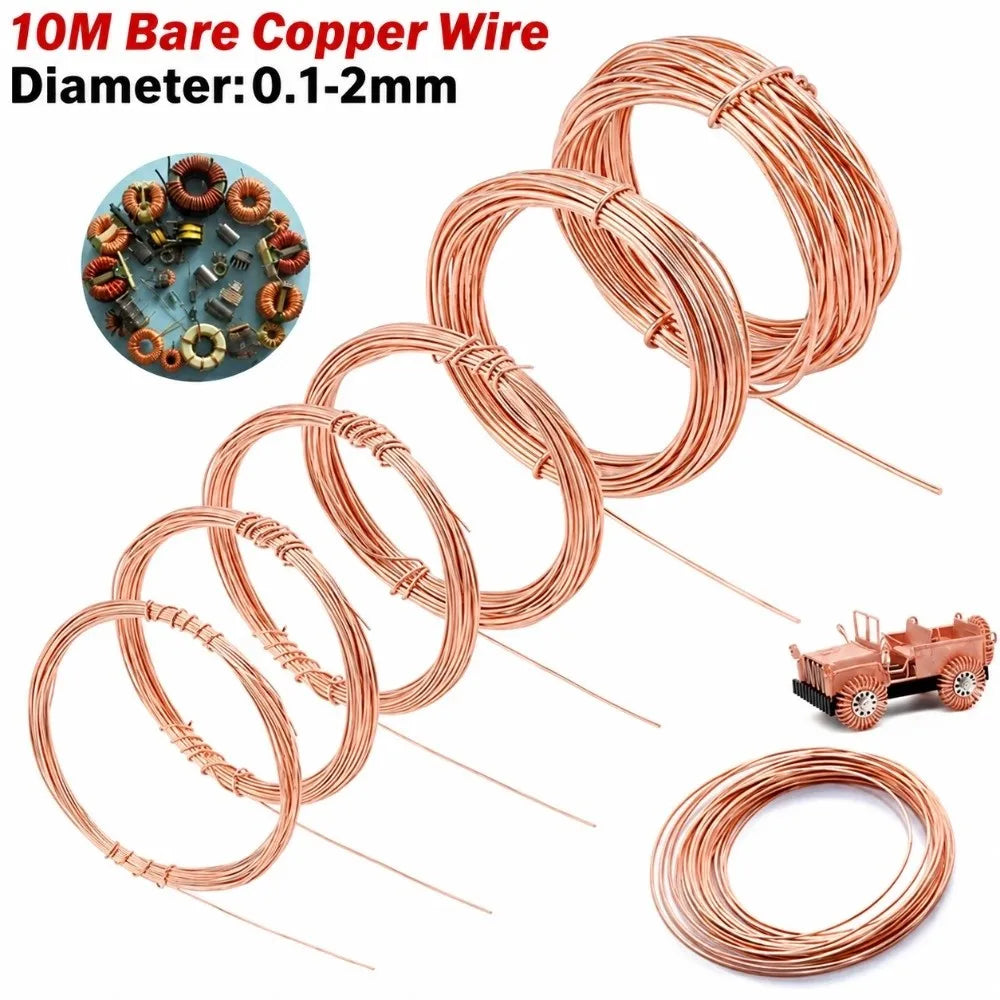 T2 Pure Bare Copper Wire 0.1–2mm Round Solid Coil 10M