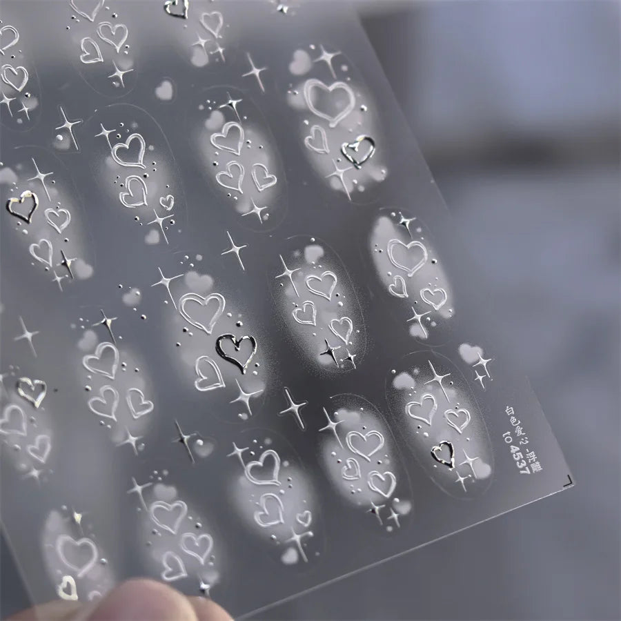 5D Relief Nail Art Stickers – Gold Silver Heart Decals