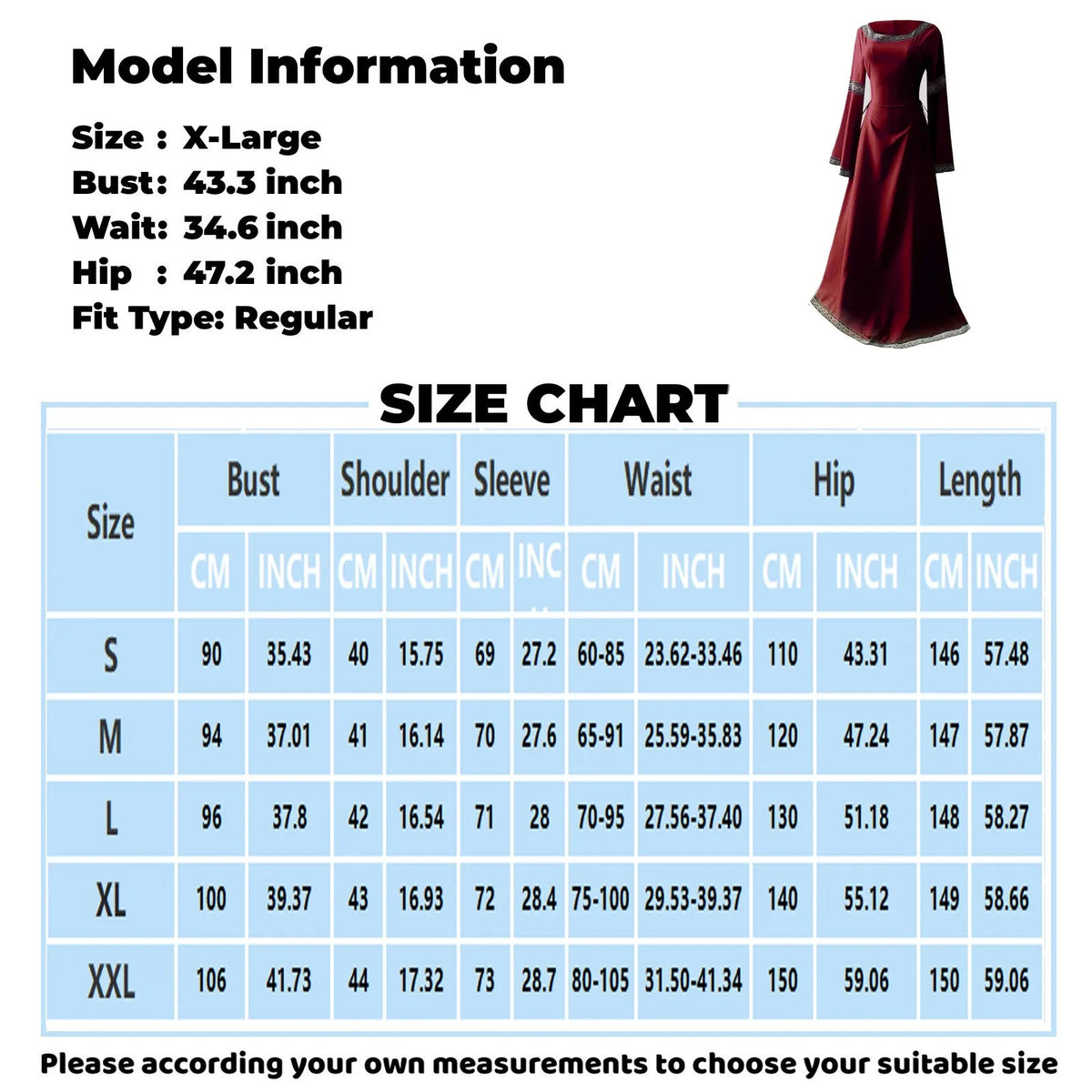 Women's Medieval Renaissance Trumpet Sleeve Maxi Gown Plus Size