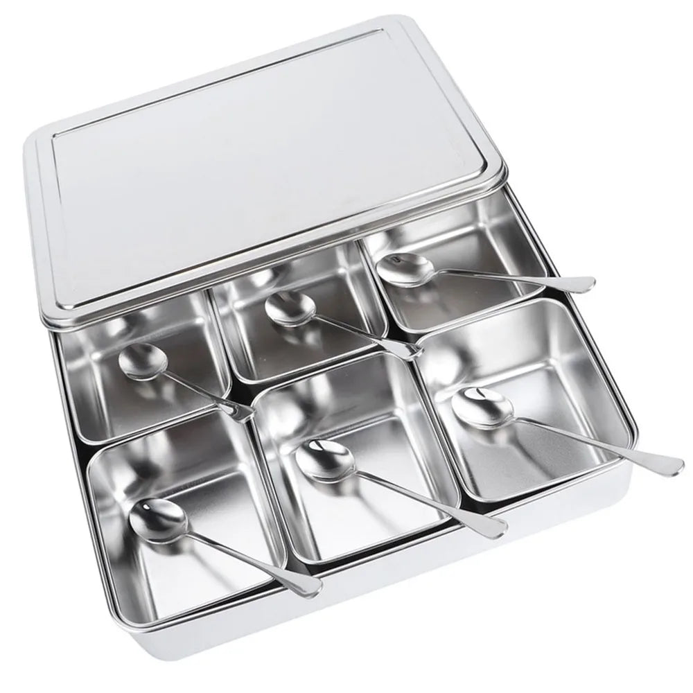 6-Grid Stainless Steel Masala Dabba Spice Organizer with Spoons