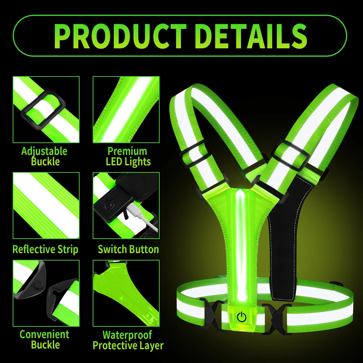 LED Reflective Running Vest USB Rechargeable High Visibility