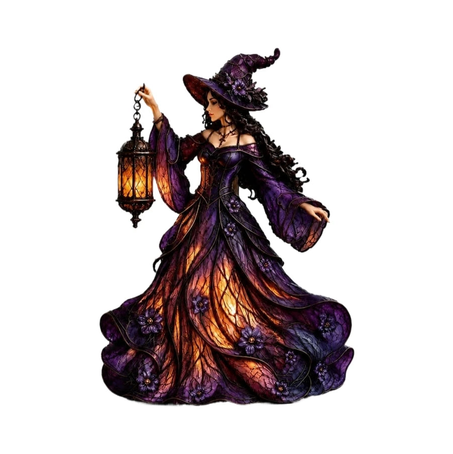 Witch Figurine LED Lantern Ornament – Halloween Resin Statue