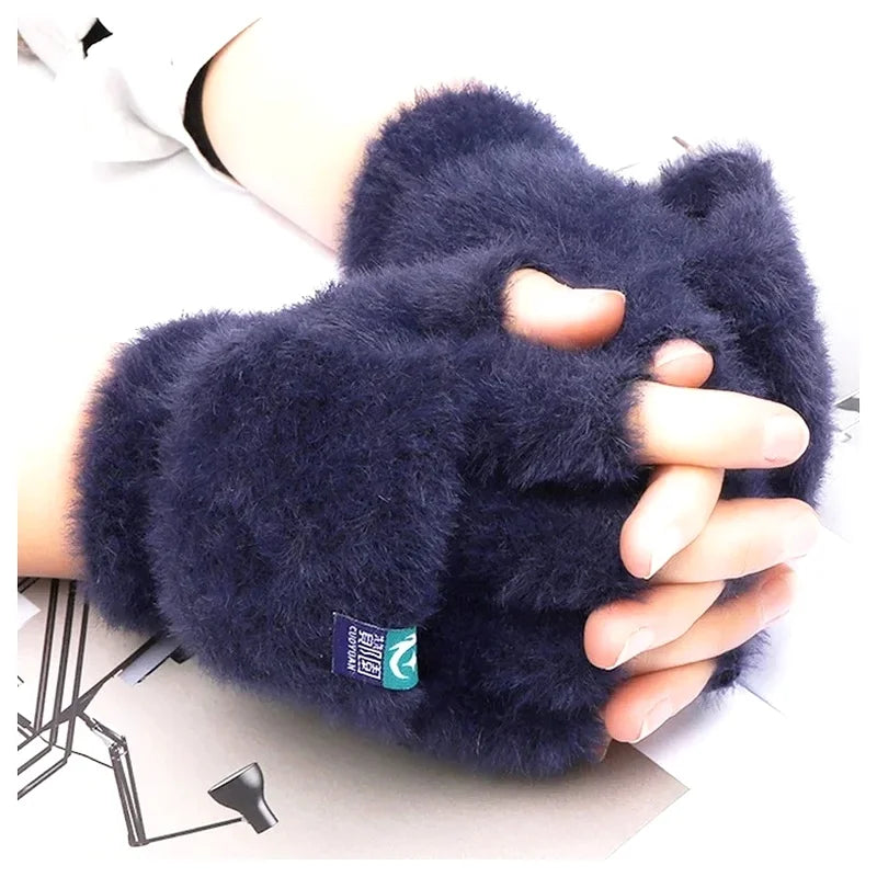Plush Fingerless Flip Mittens – Warm Knit Winter Gloves