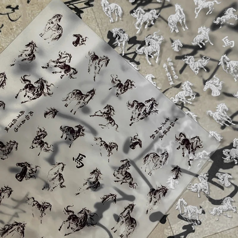 Ink Painting Horse Nail Art Stickers – Black & White Decals